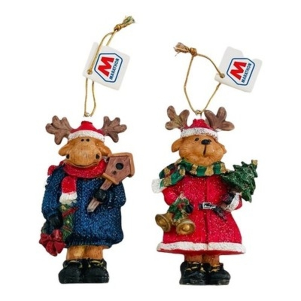 Vintage 2001 Marathon Santa Reindeer Moose Ceramic Ornaments Set 2 Flyer Horace